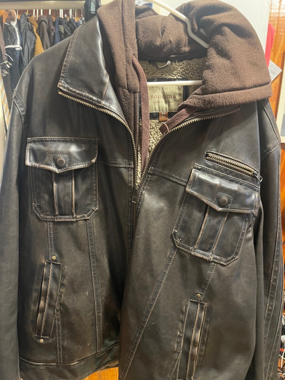 Sonoma Men’s Dark Brown Leather Bomber Jacket with Hood